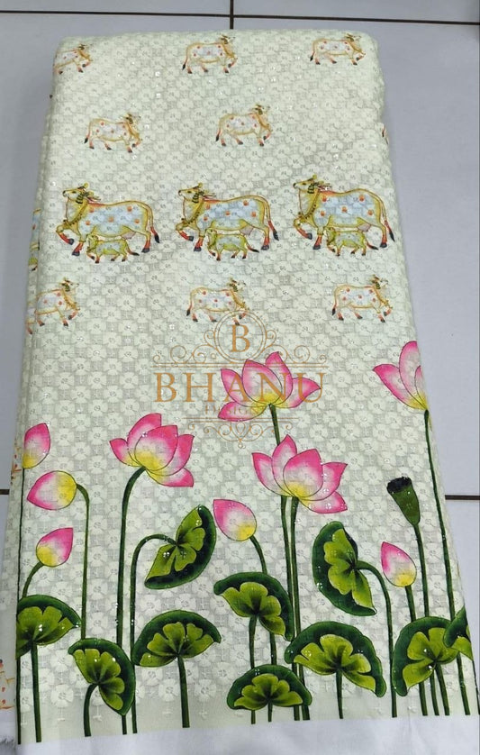 Cream with a lotus and elephant print - fabric by the metre