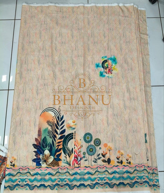 Peach with a multicolour floral hem - fabric by the metre