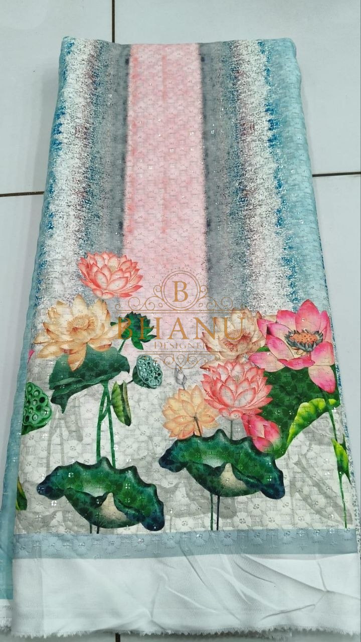 Pale blue with a lotus print - fabric by the metre