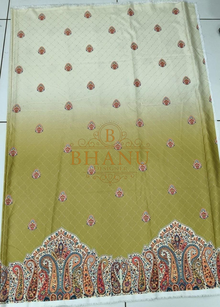 Pale green with butti and a paisley hem - fabric by the metre