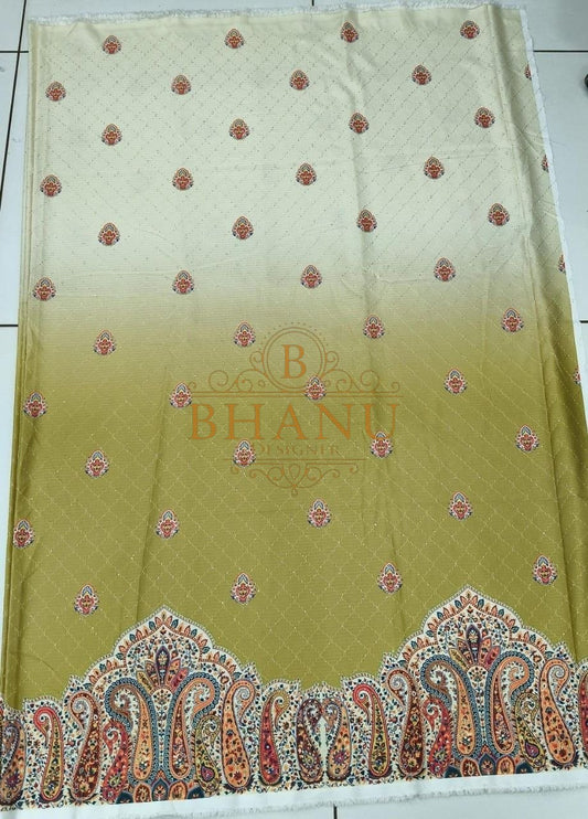 Pale green with butti and a paisley hem - fabric by the metre