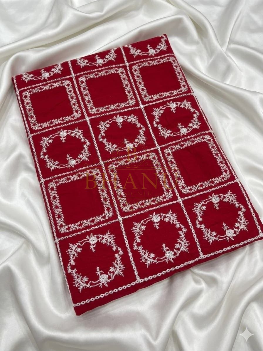 Maroon with white lattice embroidery - fabric by the metre