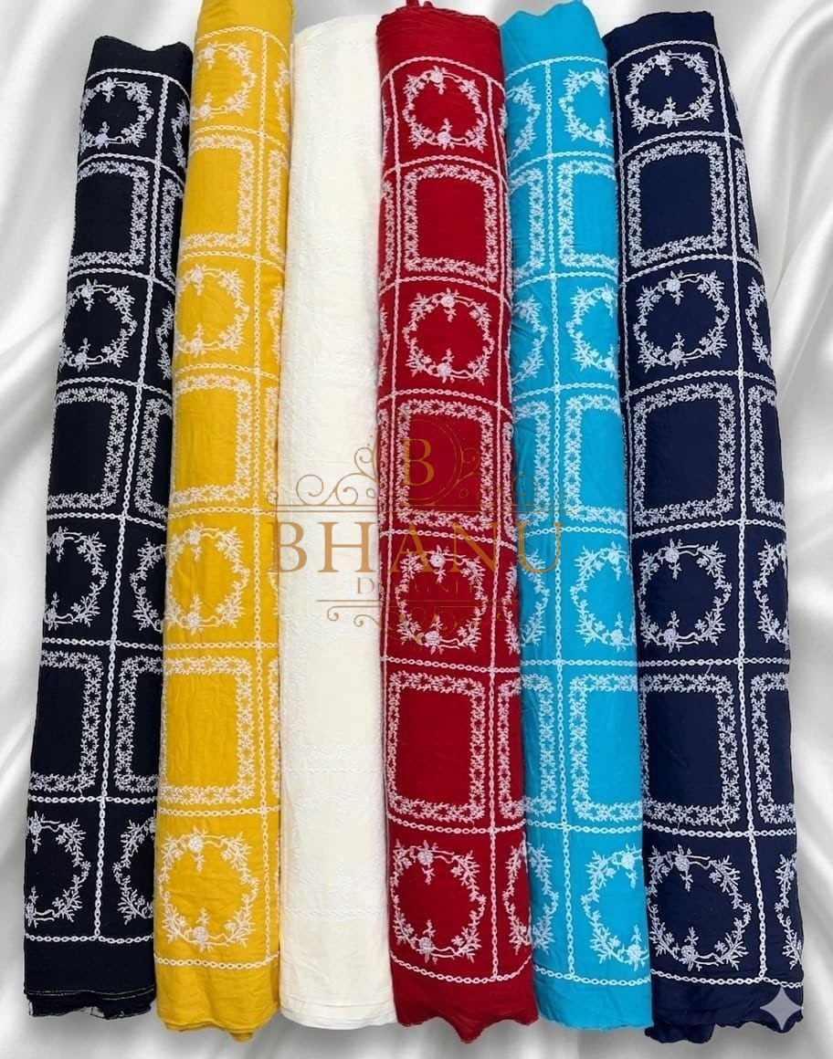 Navy with white lattice embroidery - fabric by the metre