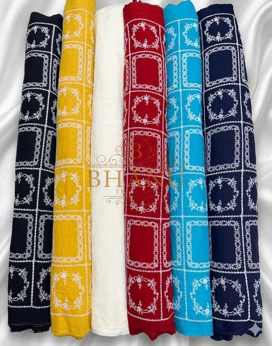 Navy with white lattice embroidery - fabric by the metre