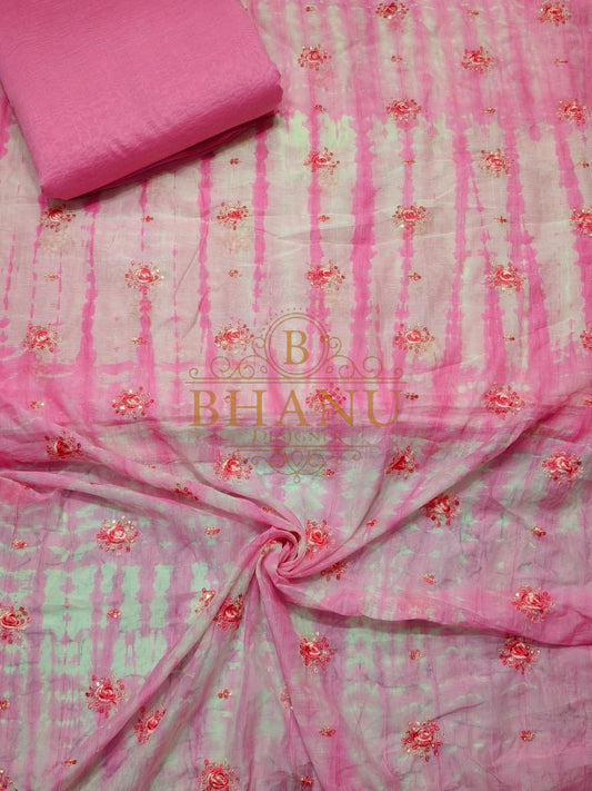 Pink tie-dye with floral embroidery - fabric by the metre