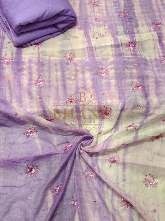 Lilac tie-dye with floral embroidery - fabric by the metre