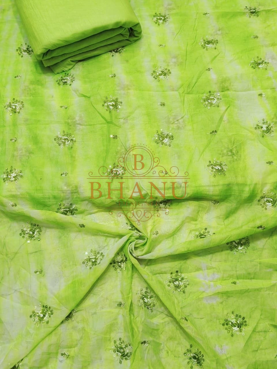 Lime tie-dye with floral embroidery - fabric by the metre