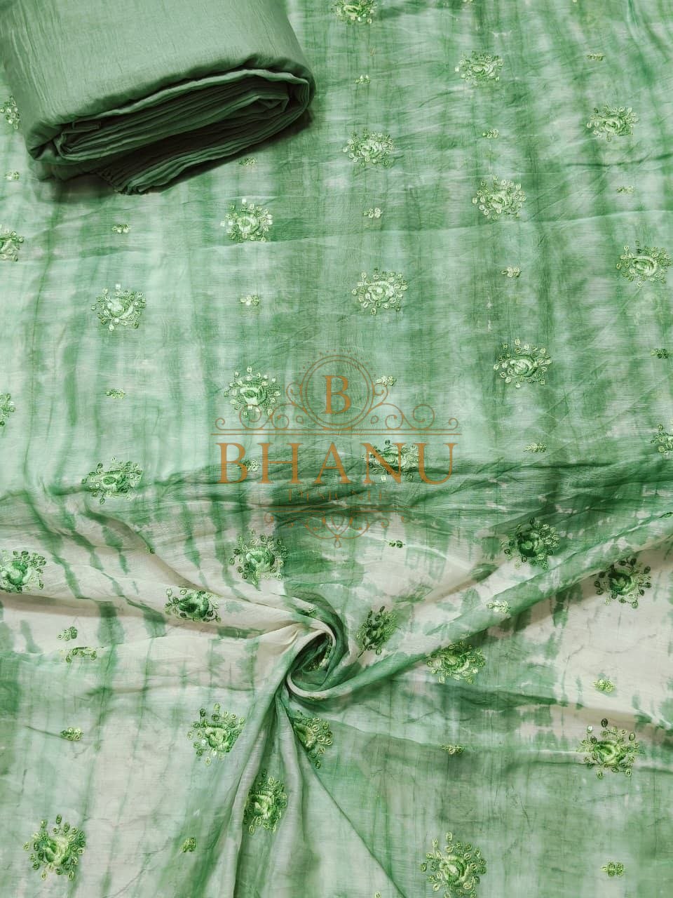 Green tie-dye with floral embroidery - fabric by the metre