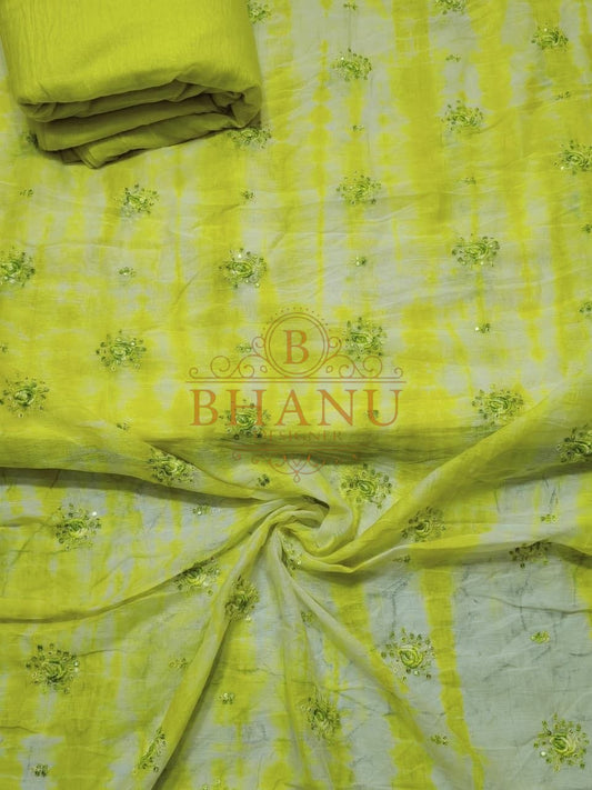 Lime tie-dye with floral embroidery - fabric by the metre