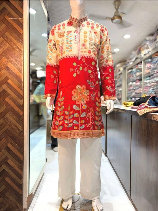 Red with multicolour floral embroidery at the yoke - kurta