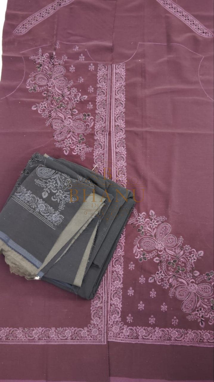 Mauve with white chikan embroidery - fabric by the metre