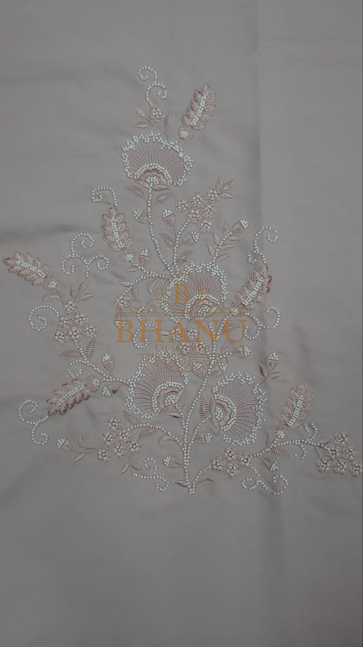 Grey with white chikan embroidery - fabric by the metre