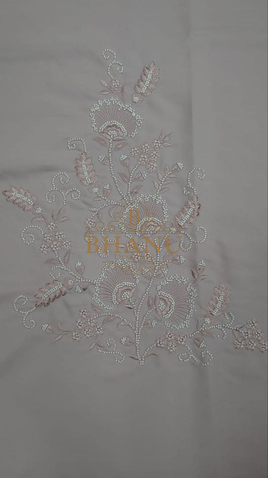 Grey with white chikan embroidery - fabric by the metre