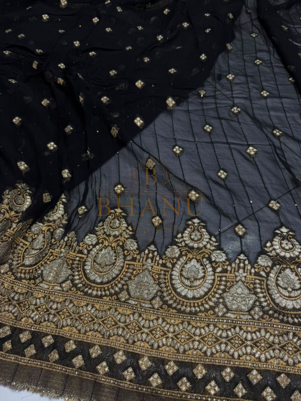 Navy with a gold sequin border - fabric by the metre