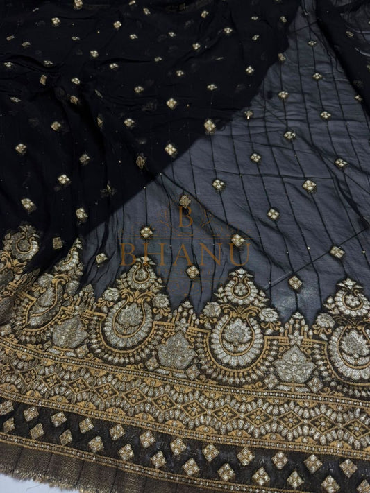 Navy with a gold sequin border - fabric by the metre