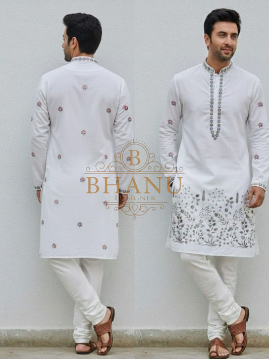 White with fine embroidery at the placket and hem - kurta