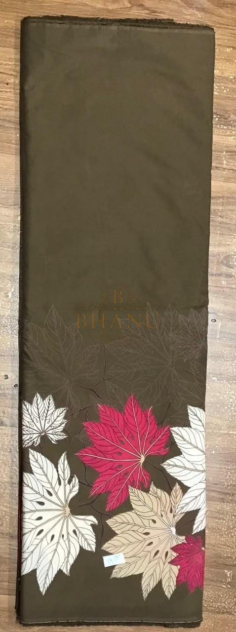 Olive with white and pink lotus work - fabric by the metre