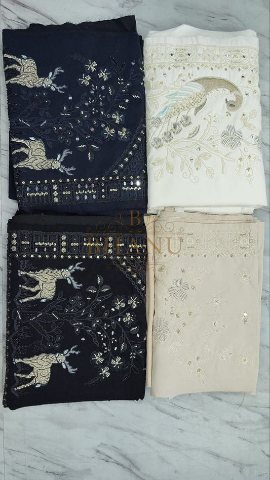 Navy and cream with bird embroidery - fabric by the metre