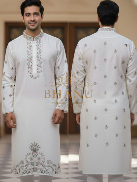White with fine embroidery at the placket - kurta