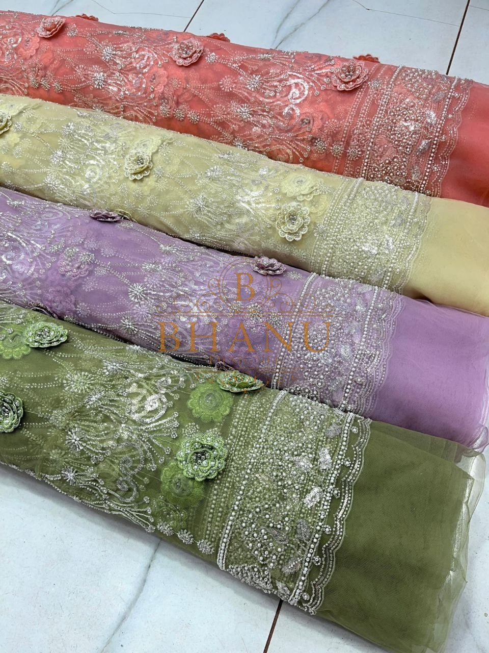 Coral, olive and lilac with rose applique - fabric by the metre