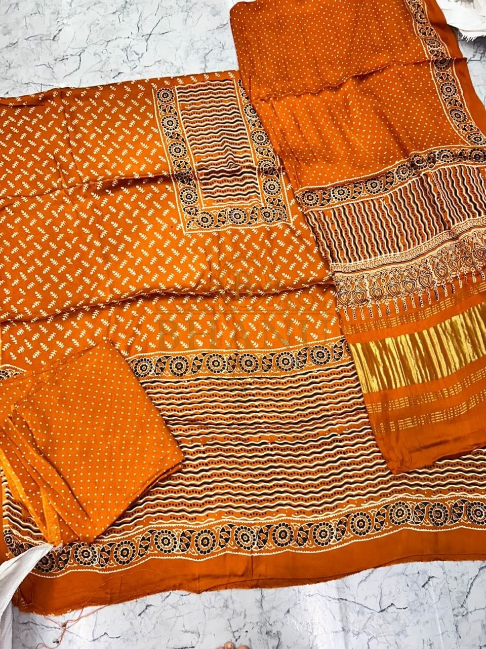 Orange ajrakh-style print, cut set - fabric by the metre