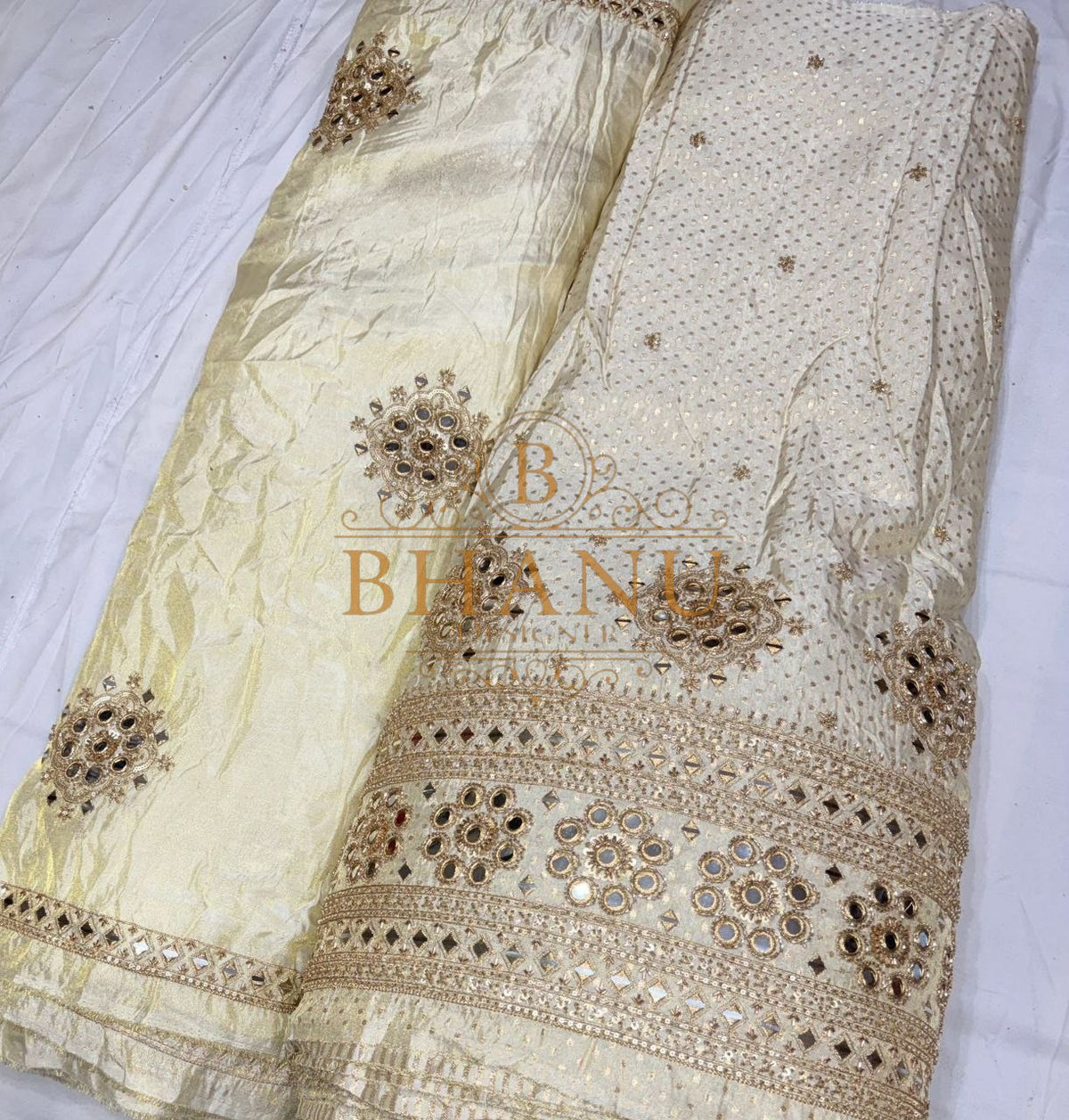 Cream with gold floral and mirror work - fabric by the metre