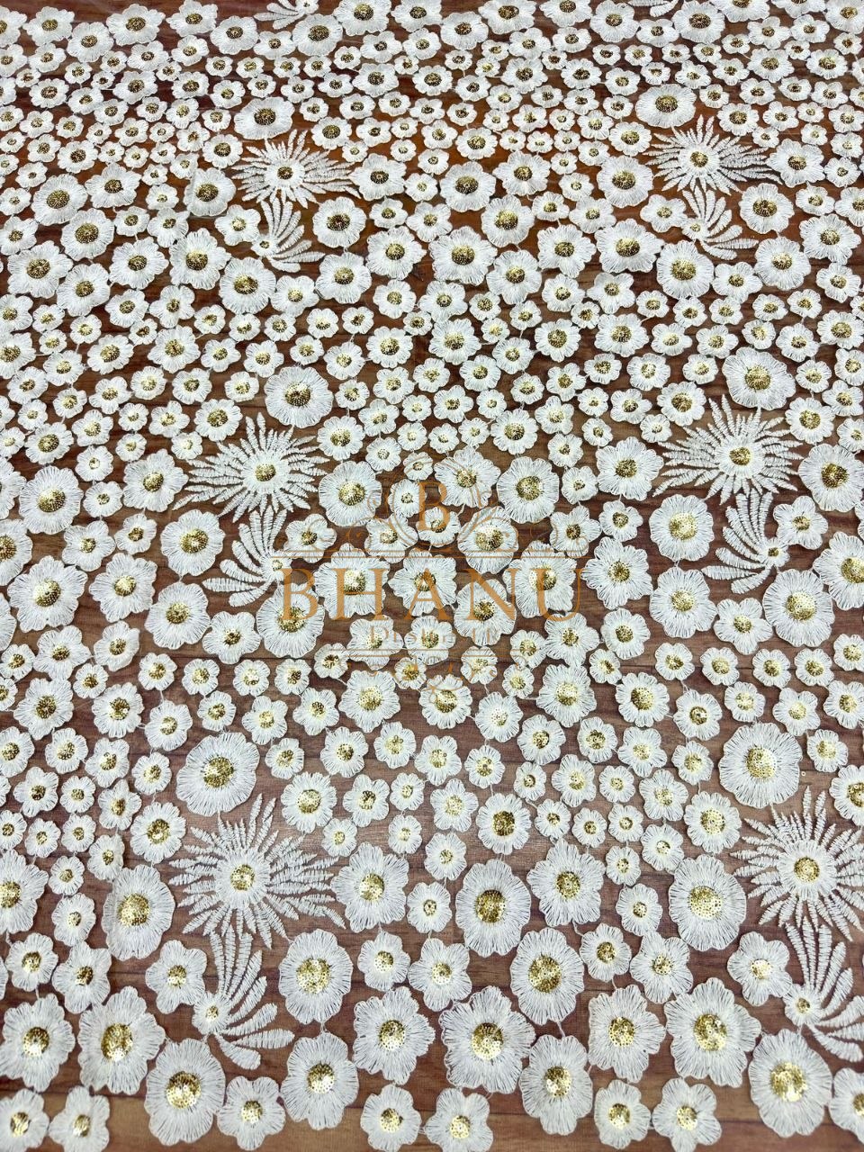 Brown with white daisy cutwork - fabric by the metre