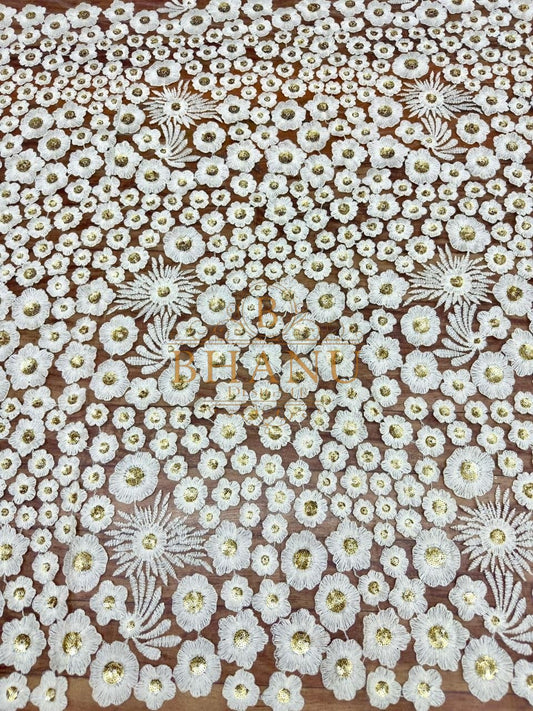 Brown with white daisy cutwork - fabric by the metre