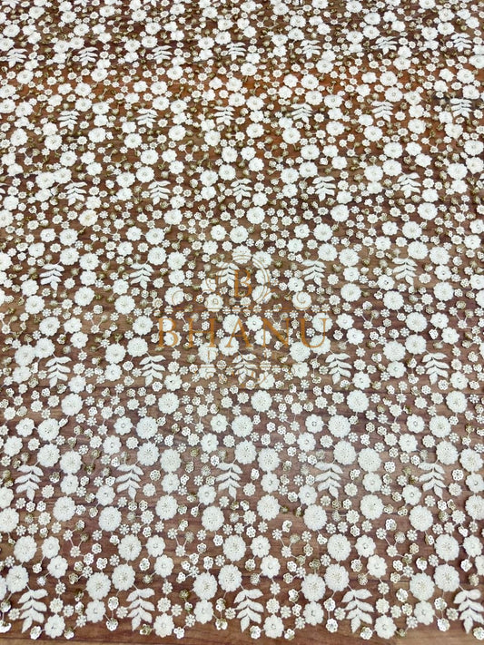 Brown with white floral cutwork - fabric by the metre