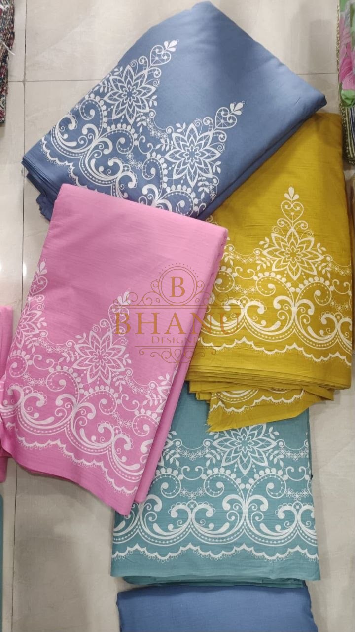 Pastel set with a white chikan hem - fabric by the metre