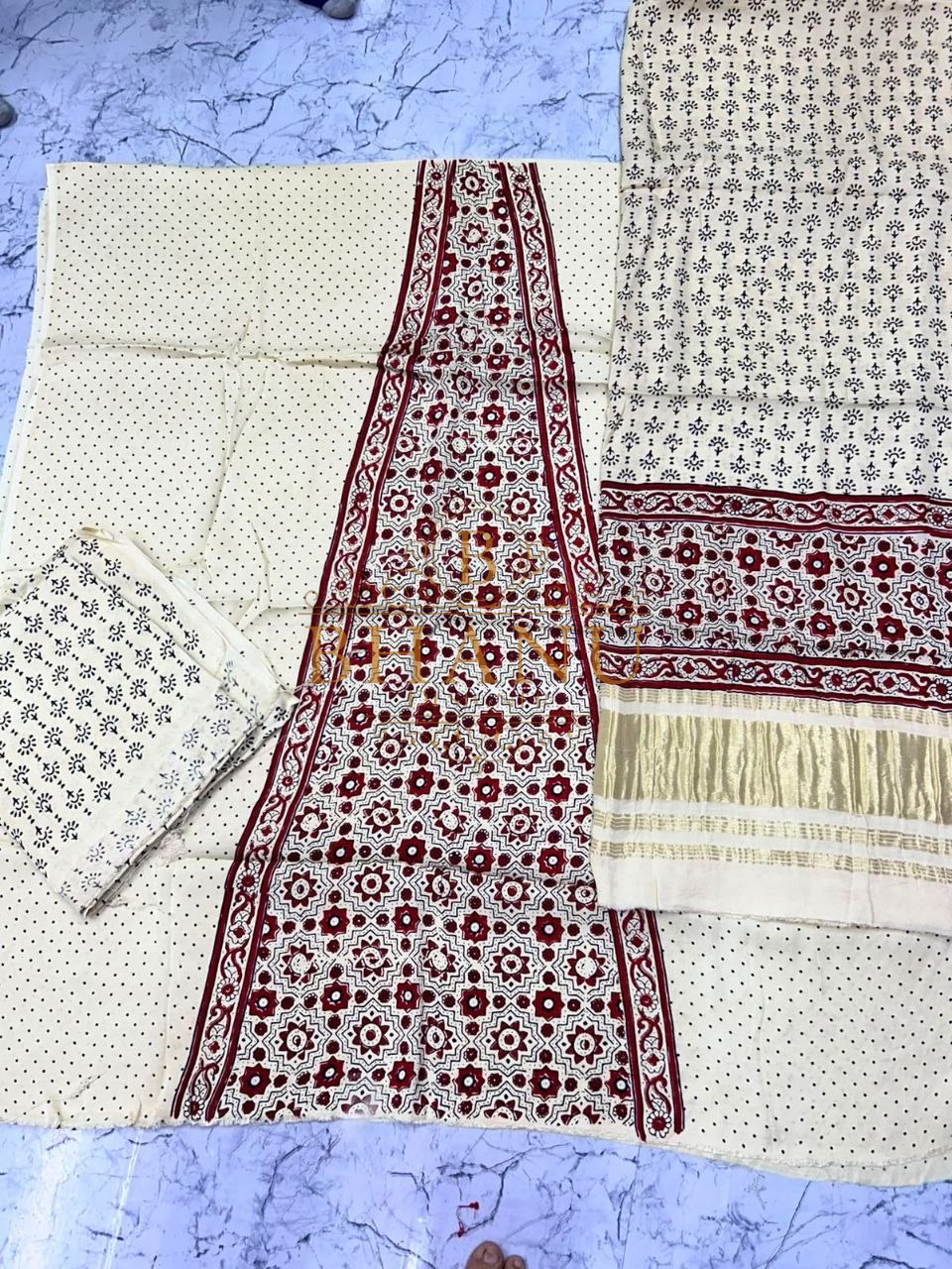 Cream and maroon block print, cut set - fabric by the metre