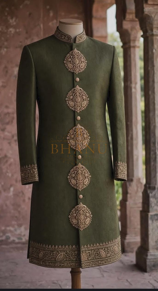 Olive green sherwani with gold medallion buttons and an embroidered placket