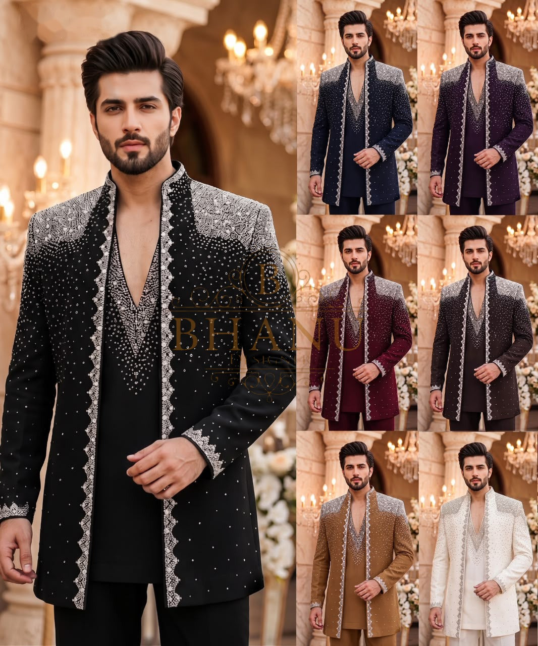 Open-front jacket with silver stone work at the shoulders and front edges