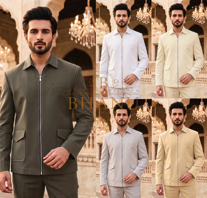 The zip-front jacket in olive, white, cream, grey and beige