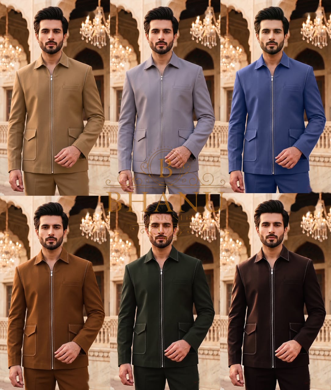 The zip-front jacket in tan, grey, blue, rust, green and brown