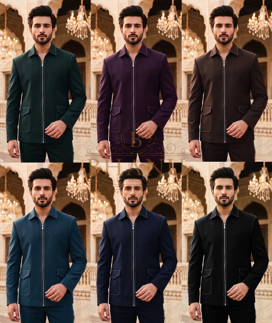 The zip-front jacket in green, plum, brown, teal, navy and black