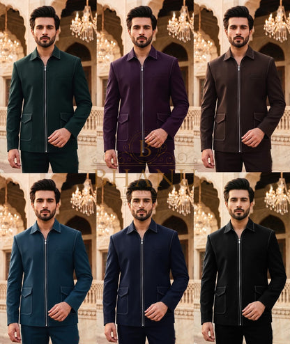 The zip-front jacket in green, plum, brown, teal, navy and black
