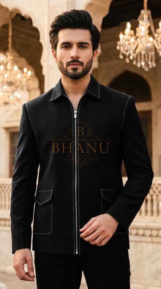 Zip-front jacket with contrast topstitching and flap pockets