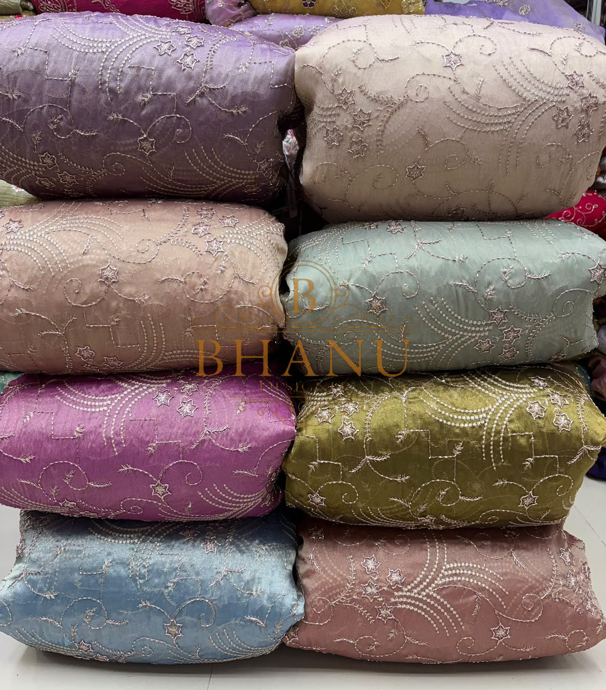 Pastel natural crepe with fine vine print and hand work