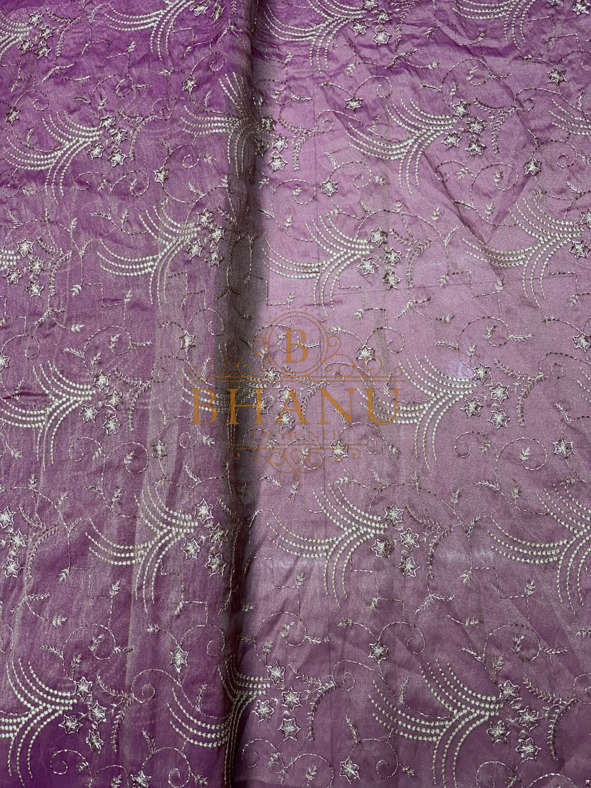 Pastel natural crepe with fine vine print and hand work
