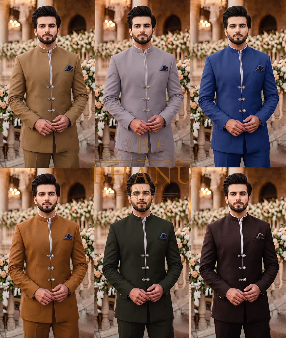 Band-collar jodhpuri with silver frog clasps and a pocket square