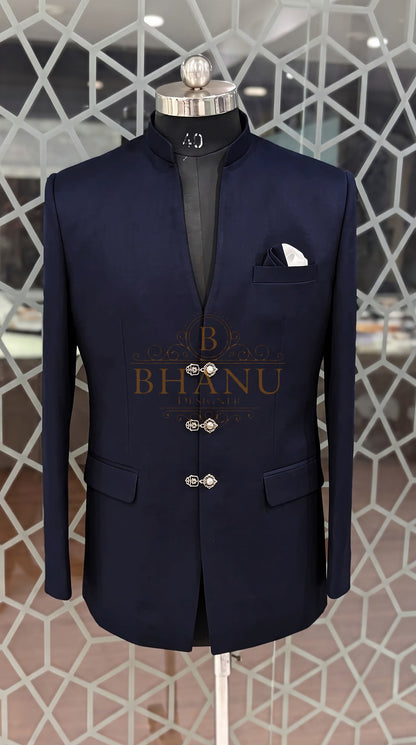 Band-collar jodhpuri with silver frog clasps and a pocket square