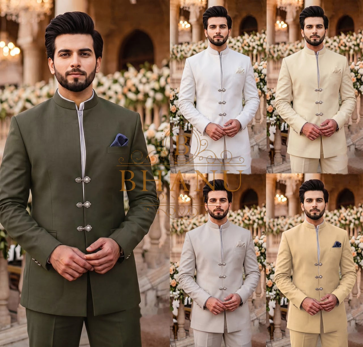 Band-collar jodhpuri with silver frog clasps and a pocket square