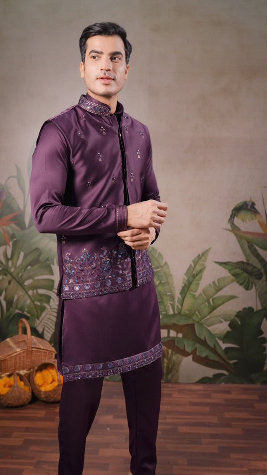 Royal Plum Embroidered Kurta Jacket Set