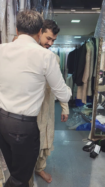 Beige Embroidered Sherwani for Groom