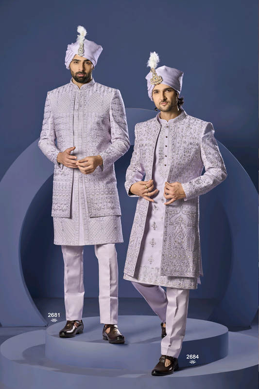 Lavender Embroidered Sherwani with Saafa